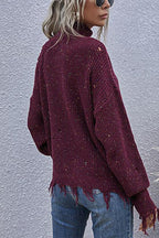 Stunncal Loose Off-shoulder Ripped Long-sleeved High-neck Knitted Sweater