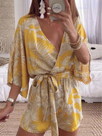 Stunncal Plant Print Bat Sleeve Kimono Romper